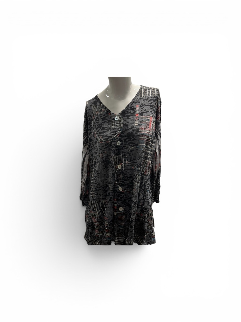 Relaxed Button-Front Black /gray Printed Long-Sleeve Top L 30in ,W 38in around
